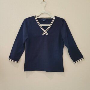 Ann Taylor Silk Navy Knit Top with 3/4 Length Sleeves, Size Medium